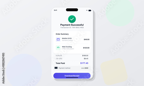 A smartphone screen shows a successful payment notification for a mobile kit and web hosting services with details on the cost and payment method.