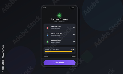 The mobile game screen shows a completed purchase with several items listed, including potions and a weapon coating. The inventory capacity is displayed below the order summary.