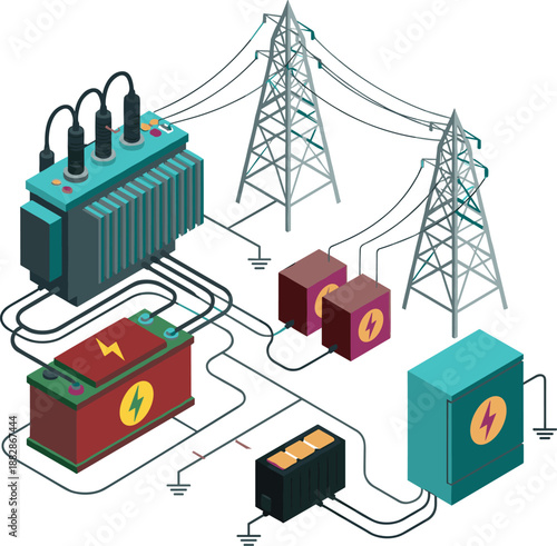 Electrical power distribution illustration showing transformer transmission towers battery storage cables grid infrastructure energy system industrial technology concept