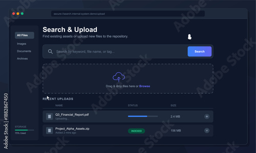 A user is interacting with a web interface designed for searching and uploading files. The screen shows a search bar and recent uploads section.