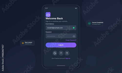 User is at a login screen for an online learning platform. The screen shows fields for email and password. There are options to sign up and a notice for new lessons.