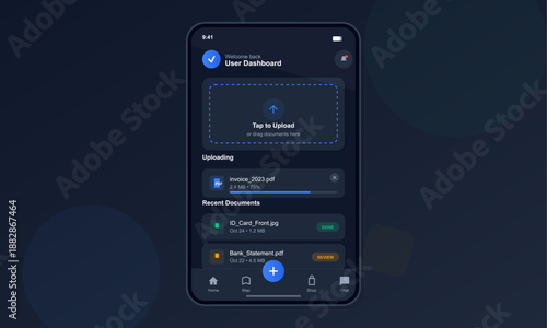 A mobile screen shows a user dashboard. It features an upload bar for an invoice and a list of recent documents. The background is dark and the interface is simple.