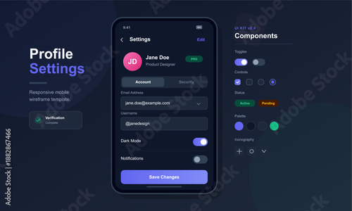 Users interact with a profile settings screen on a mobile device, updating account details, managing notifications and dark mode settings in a simple layout.