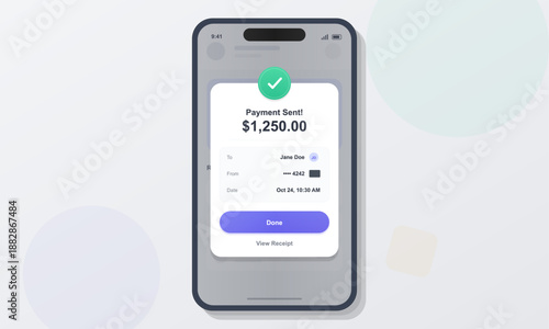 A digital screen shows a payment confirmation for $1,250.00 sent to Jane Doe. The transaction date is October 24 at 10:30 AM. The sender