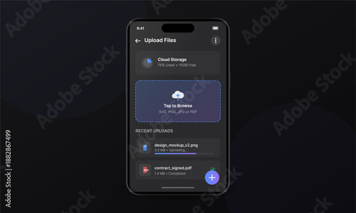 A smartphone screen shows a mobile app interface for uploading files to cloud storage. It features recent uploads and a button to browse files.