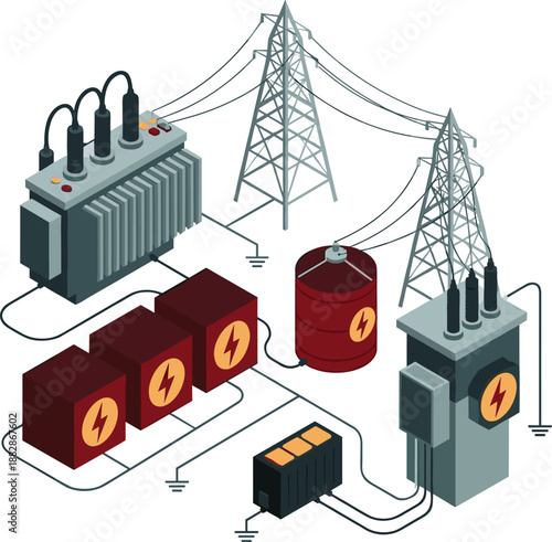 Electrical power distribution illustration showing transformer transmission towers battery storage cables grid infrastructure energy system industrial technology concept