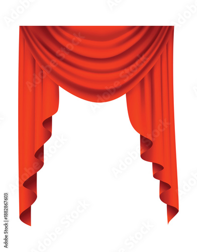 Red curtains realistic. Theater fabric silk decoration for movie cinema or opera hall. Curtains and draperies interior decoration object. Isolated on transparent for theater stage