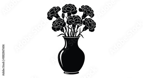 A striking black floral arrangement featuring several carnations in a vase presented as a dramatic high contrast silhouette high quality professional detailed