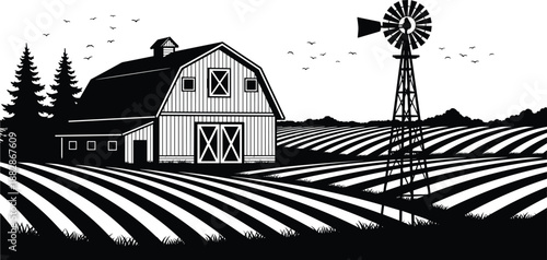 Traditional farm barn silhouette with windmill in rural field, agricultural landscape vector for organic farming logo, countryside harvest scene with birds and trees,