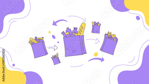Grocery Shopping Concept Illustrated With Bags, Food, and Arrows in Playful Style
