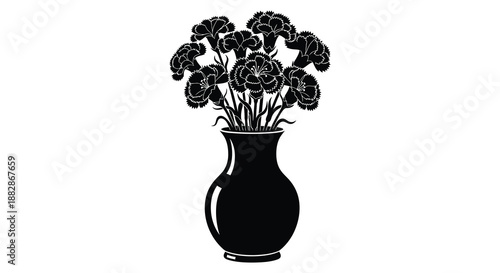 a striking depiction of a vase filled with delicate carnations presented as a bold and contrasting black silhouette high quality professional