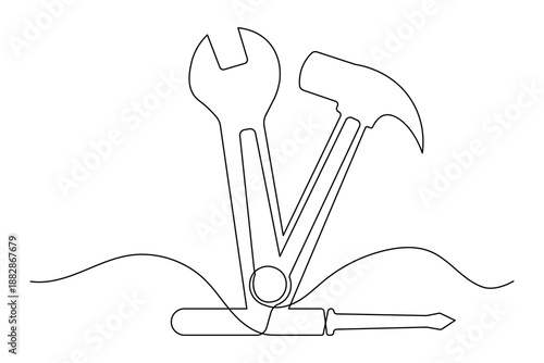 Repair tools continuous line drawing minimalist style hammer wrench outline