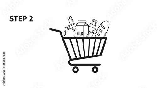 Grocery Shopping: Minimalist Illustration Of A Shopping Cart Full Of Groceries Step 2