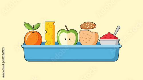 Healthy And Fresh Lunchbox With Vibrant Fruits, Cheese, And Delicious Food Illustration