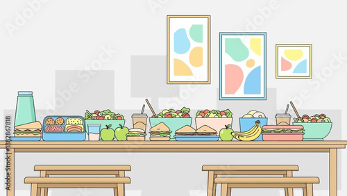 Healthy And Fresh Meal Arrangements On A Table Ready For Lunch With Minimalist Art