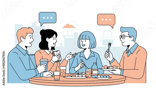 Group Of People Enjoying Lunch Together With Food And Drinks At A Round Table