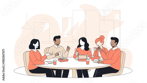 Group Of People Gathering Around A Table, Sharing Food, Enjoying Time Together