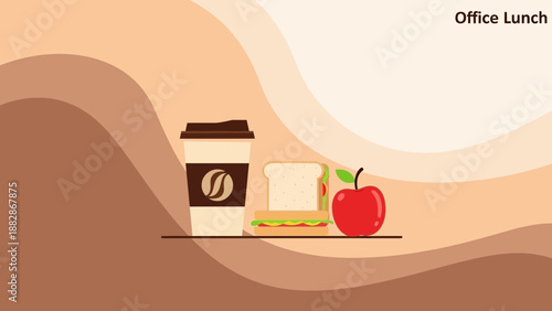 Healthy And Fresh Office Meal Composed Of Coffee Sandwich And A Delicious Red Apple