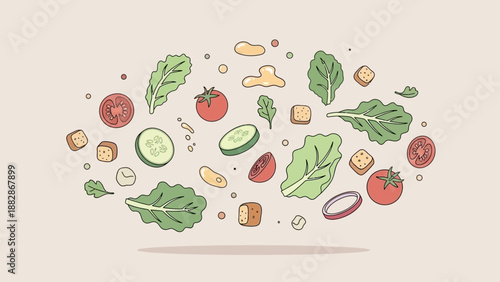 Healthy And Fresh Salad Ingredients Illustration With a Creamy Background Graphic Design