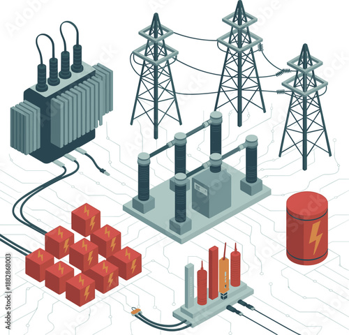 Electrical power distribution system illustration featuring transformer transmission towers substations battery storage grid infrastructure energy technology concept