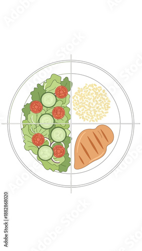 Healthy And Balanced Meal Illustration: A Plate Showing Salad, Chicken, And Rice