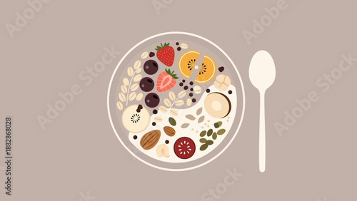 Healthy And Colorful Breakfast Bowl With Fresh Fruits And Nuts, Food Illustration