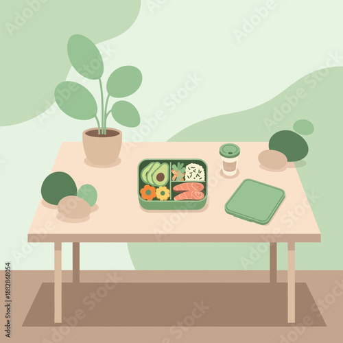 Healthy And Delicious Bento Box Lunch And Plant On A Table Ready For Enjoyment And Relaxation