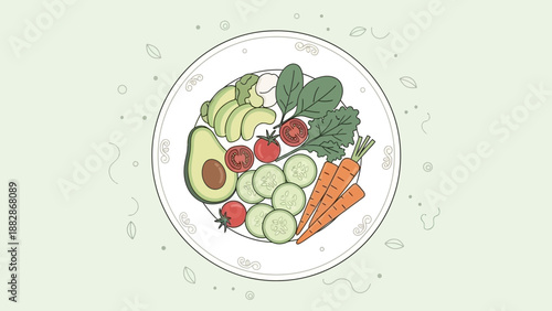 Healthy And Freshly Prepared Vegetarian Meal In A Stylishly Designed Vector Plate