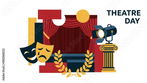 Theatre day illustration with comedy tragedy masks stage curtains spotlight and laurel wreath on white background