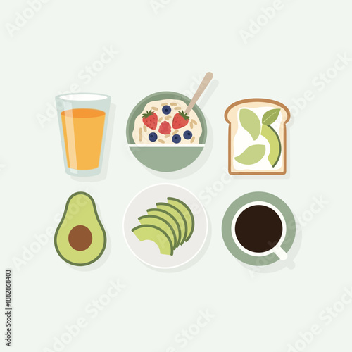 Healthy Breakfast: Delicious Avocado Toast, Oatmeal, Juice, And Coffee, A Perfect Morning Feast