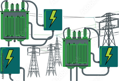 Electrical power grid diagram illustration showing transformers transmission towers cables energy distribution network smart grid infrastructure concept design