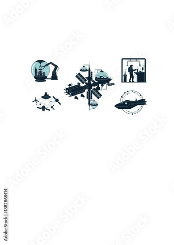 Zero Gravity Manufacturing Silhouette, Space Based Industry and Biotech, Orbital Research and Future Technology Vector Illustration