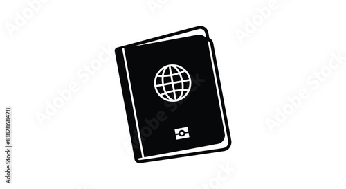 A stark black and white depiction of a closed passport with a world globe emblem presented as a distinct silhouette