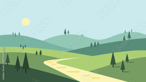 Serene Landscape Vector Illustration of a Winding Road Through Rolling Hills Under a Bright Sun, Depicting a Peaceful Journey