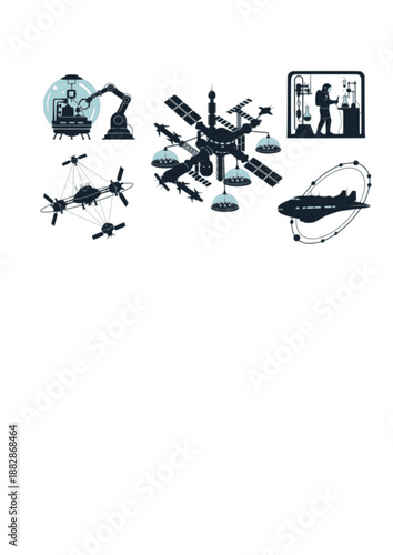 Zero Gravity Manufacturing Silhouette, Space Based Industry and Biotech, Orbital Research and Future Technology Vector Illustration