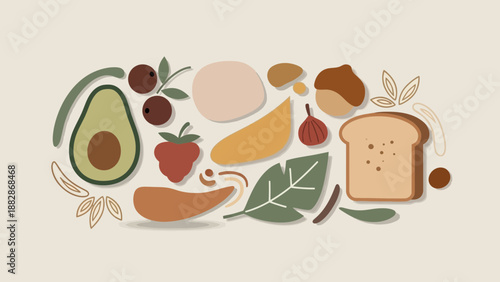 Healthy Brunch Flat Lay Minimalist Composition Featuring Fruits And Vegetables Together