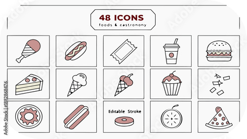 48 Icons For Foods And Gastronomy With Editable Stroke food icons restaurant