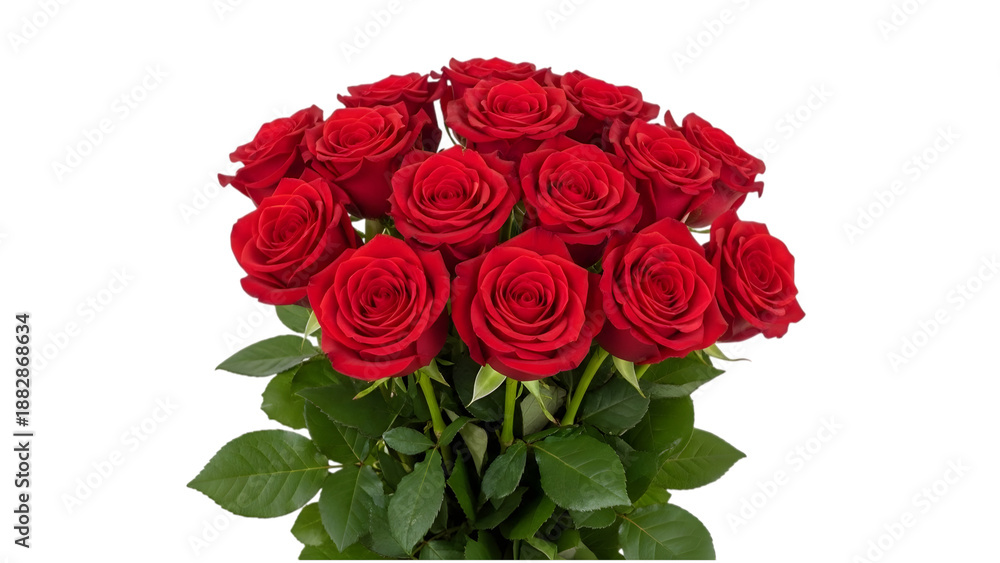 Naklejka premium Bouquet of twelve fully bloomed red roses with green leaves and stems isolated on a transparent background