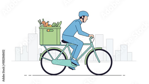 Healthy Delivery Cyclist in Urban Landscape Promoting Eco-Friendly Transportation and Food