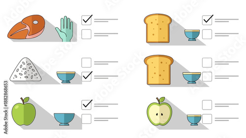 Healthy Diet Choices: Illustrated Food Selection Guide With Checkboxes and Visual Cues