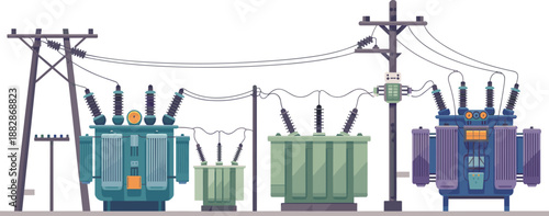 Electrical substation with multiple transformers and utility poles illustrating power distribution network overhead lines industrial energy infrastructure system