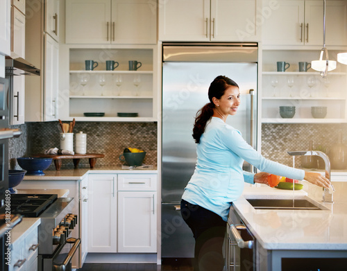 Quadro em tela Pregnant, rinse or woman in house with vegetables, dirt removal or balanced diet in healthy eating