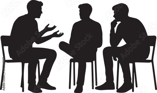 Male silhouettes in a discussion, one explaining, others listening attentively