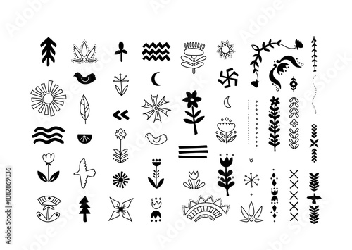 Design elements with decorative motifs in Scandinavian style black-and-white symbols collection