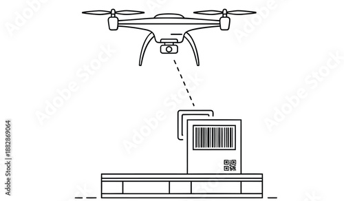 Drone delivers package to warehouse loading dock with barcode label at night