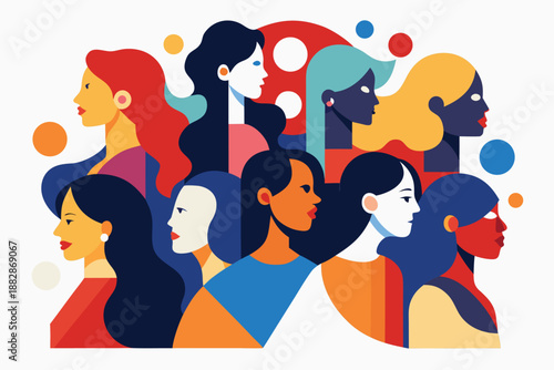 Vibrant abstract illustration of diverse women in a crowded scene, symbolizing unity, friendship, teamwork, inclusion, diversity, female empowerment, and community for social network themes.