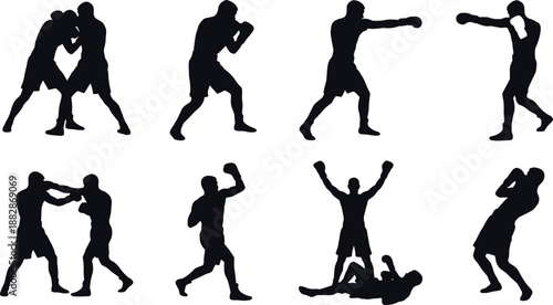 Set of boxing fighter silhouettes in action poses including punching, sparring, defense and victory stance, black sportsmen figures isolated on white background.