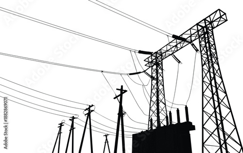 High voltage power transmission tower with electrical transformer and utility poles isolated industrial energy infrastructure system