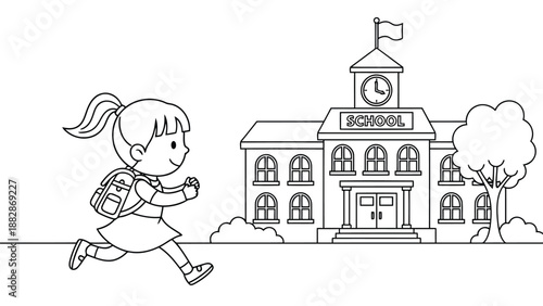 a black and white illustration depicts a young girl running towards a school building with a clock tower