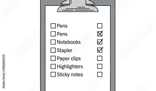 Office supplies checklist on clipboard with checkboxes marked stationery items listed